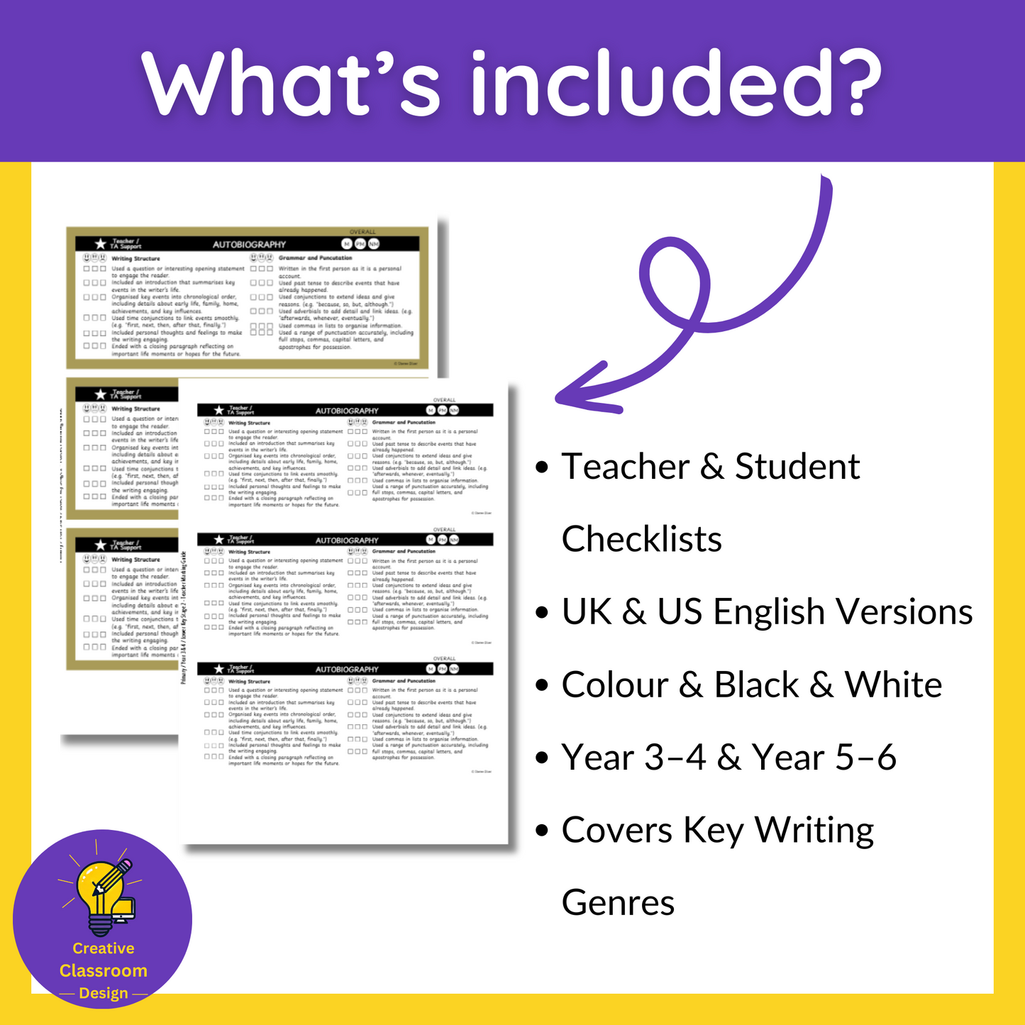 Autobiography Writing Checklist & Student Self Assessment Rubric Grade 3, 4, 5 & 6