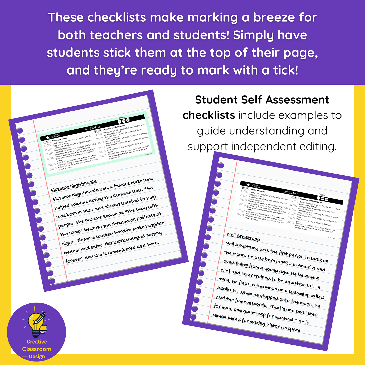 Biography Writing Checklist & Student Self Assessment Rubric Grade 3, 4, 5 & 6