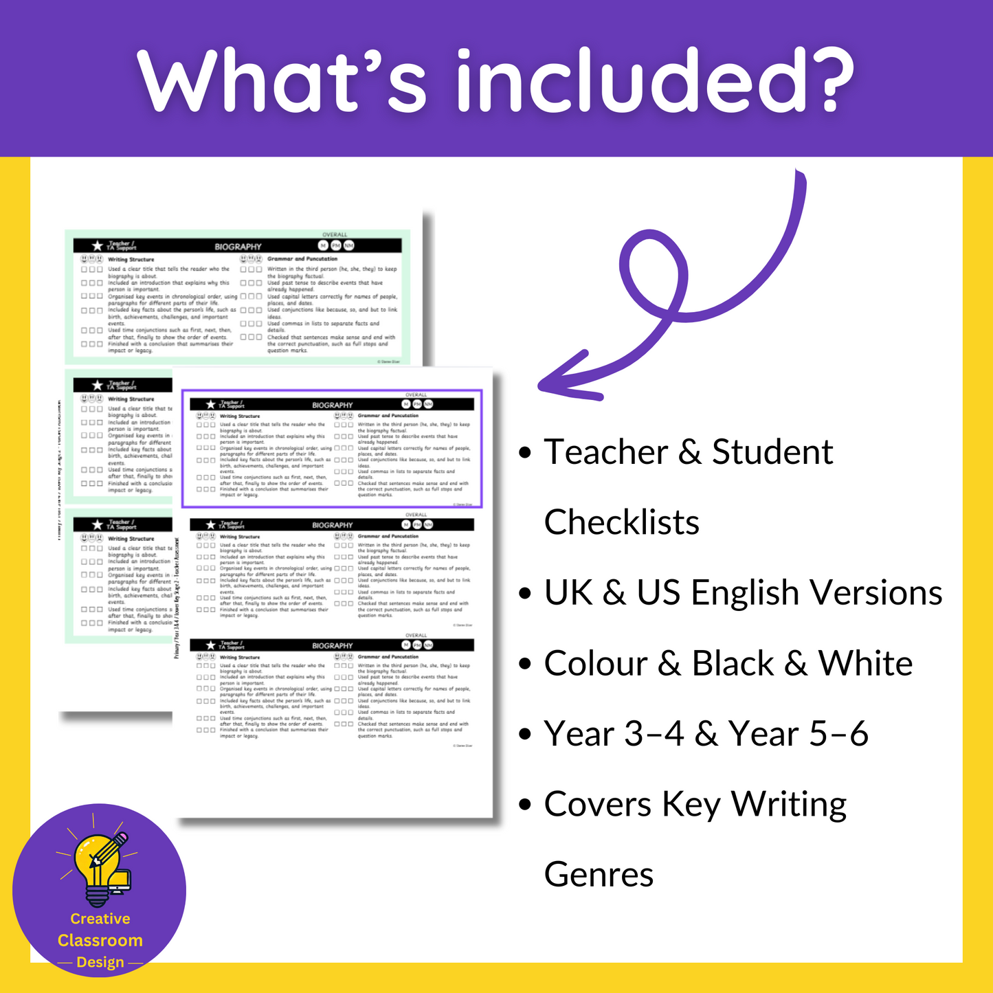 Biography Writing Checklist & Student Self Assessment Rubric Grade 3, 4, 5 & 6