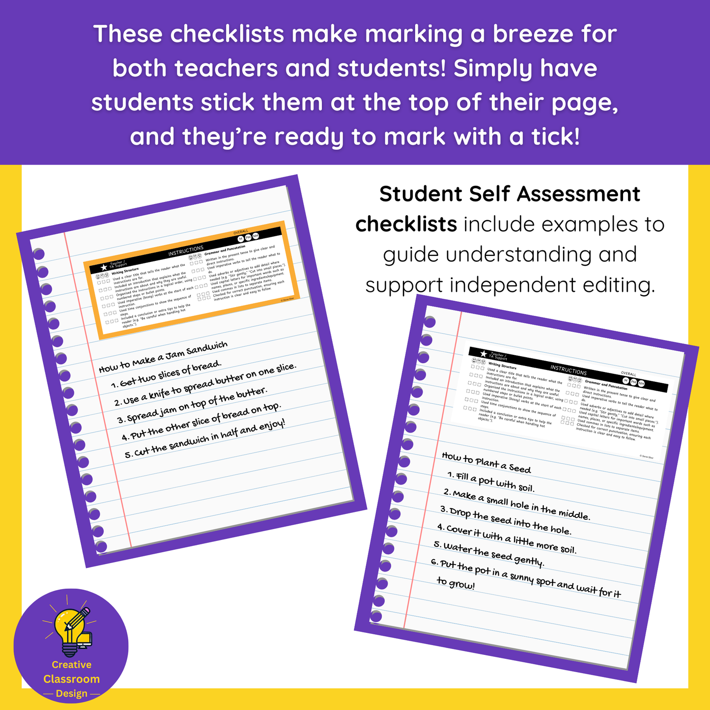 Instruction Writing Checklist & Student Self Assessment Rubric Grade 3, 4, 5 & 6