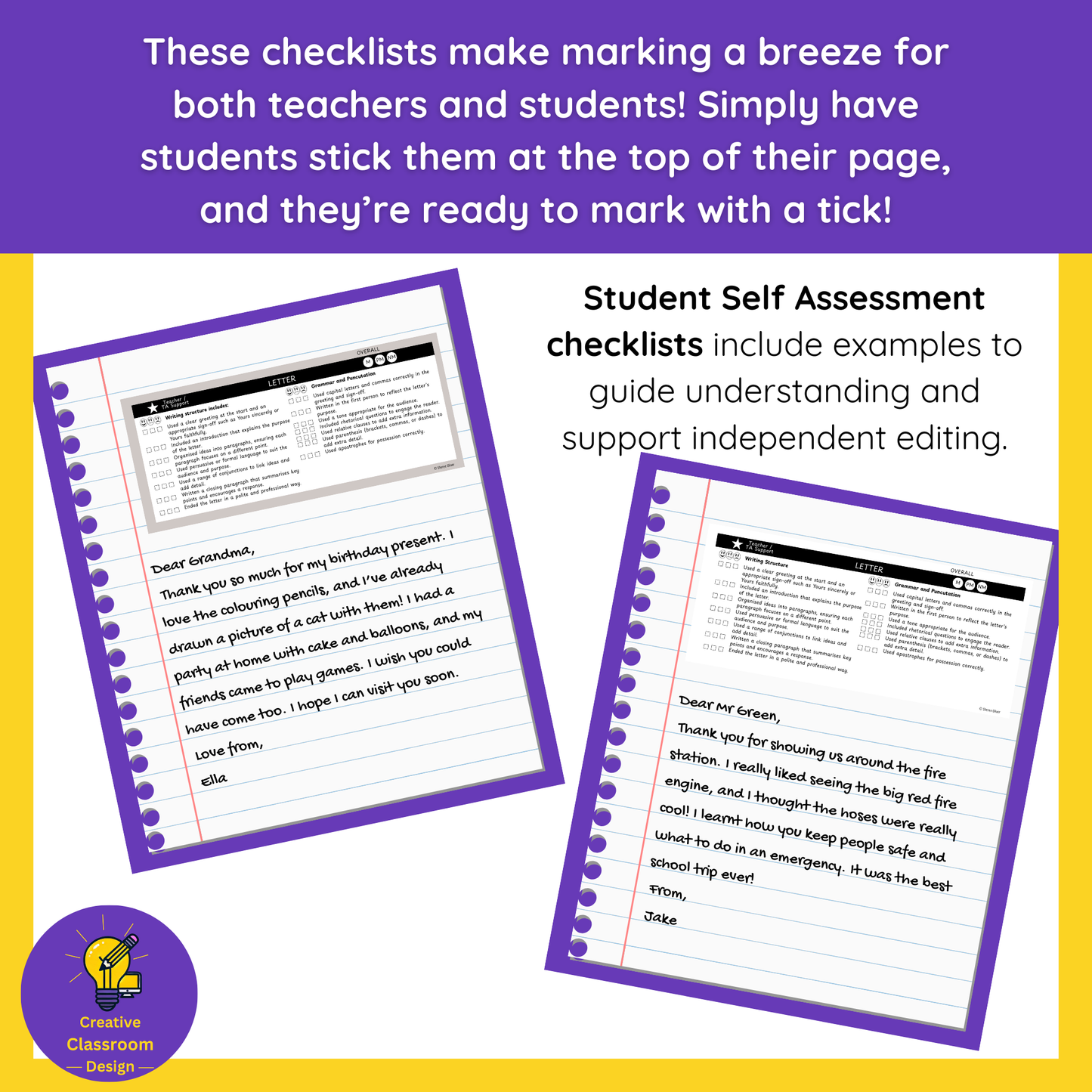 Letter Writing Checklist & Student Self Assessment Rubric Grade 3, 4, 5 & 6