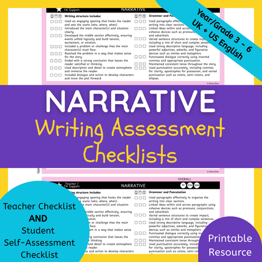 Narrative Writing Checklist & Student Self Assessment Rubric Grade 3, 4, 5 & 6