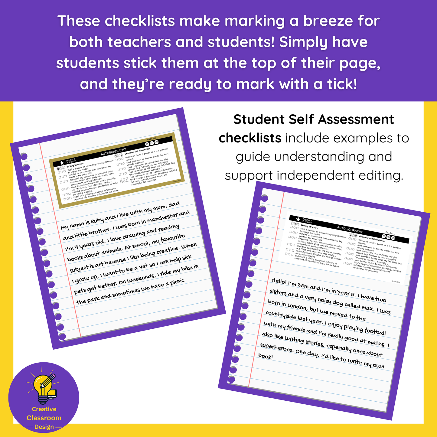 Autobiography Writing Checklist & Student Self Assessment Rubric Grade 3, 4, 5 & 6