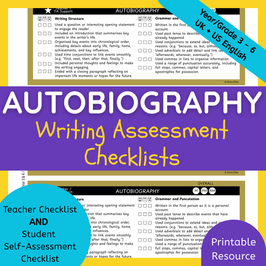 Autobiography Writing Checklist & Student Self Assessment Rubric Grade 3, 4, 5 & 6