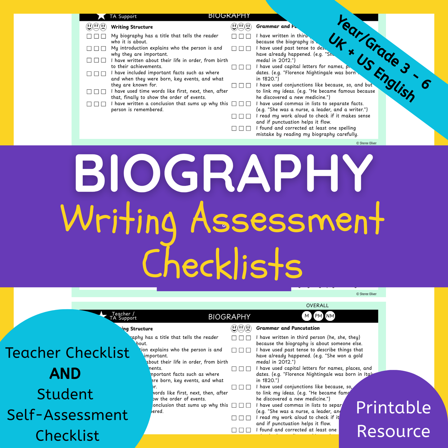 Biography Writing Checklist & Student Self Assessment Rubric Grade 3, 4, 5 & 6