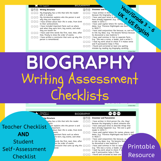 Biography Writing Checklist & Student Self Assessment Rubric Grade 3, 4, 5 & 6