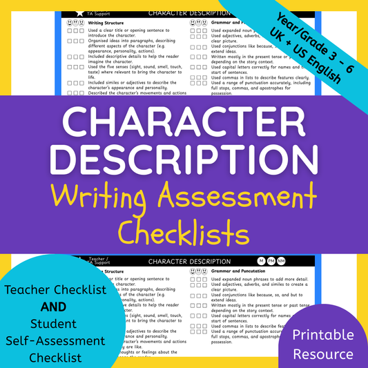 Character Description Writing Checklist & Student Self Assessment Rubric Grade 3, 4, 5 & 6