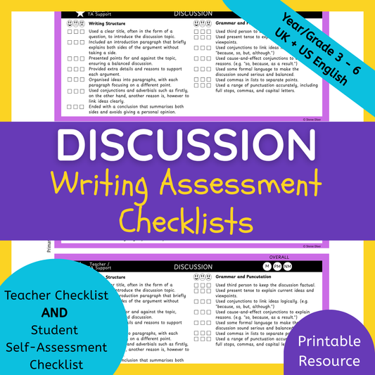 Discussion Writing Checklist & Student Self Assessment Rubric Grade 3, 4, 5 & 6