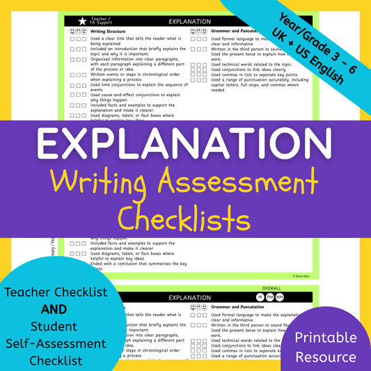 Explanation Writing Checklist & Student Self Assessment Rubric Grade 3, 4, 5 & 6
