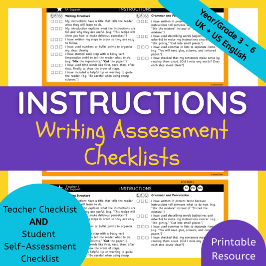 Instruction Writing Checklist & Student Self Assessment Rubric Grade 3, 4, 5 & 6
