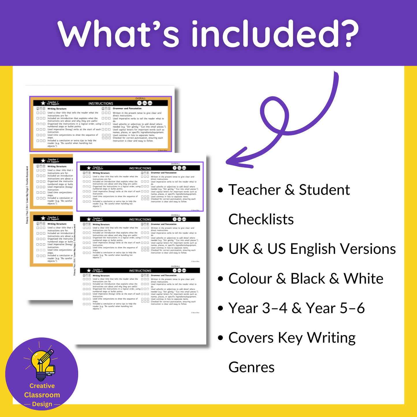 Instruction Writing Checklist & Student Self Assessment Rubric Grade 3, 4, 5 & 6