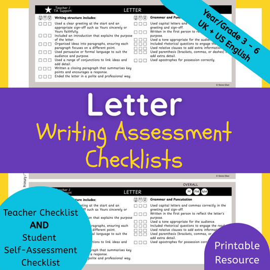 Letter Writing Checklist & Student Self Assessment Rubric Grade 3, 4, 5 & 6