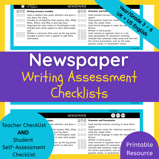Newspaper Writing Checklist & Student Self Assessment Rubric Grade 3, 4, 5 & 6