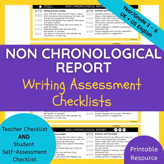 Non Chronological Report Writing Checklist & Student Self Assessment Rubric Grade 3, 4, 5 & 6