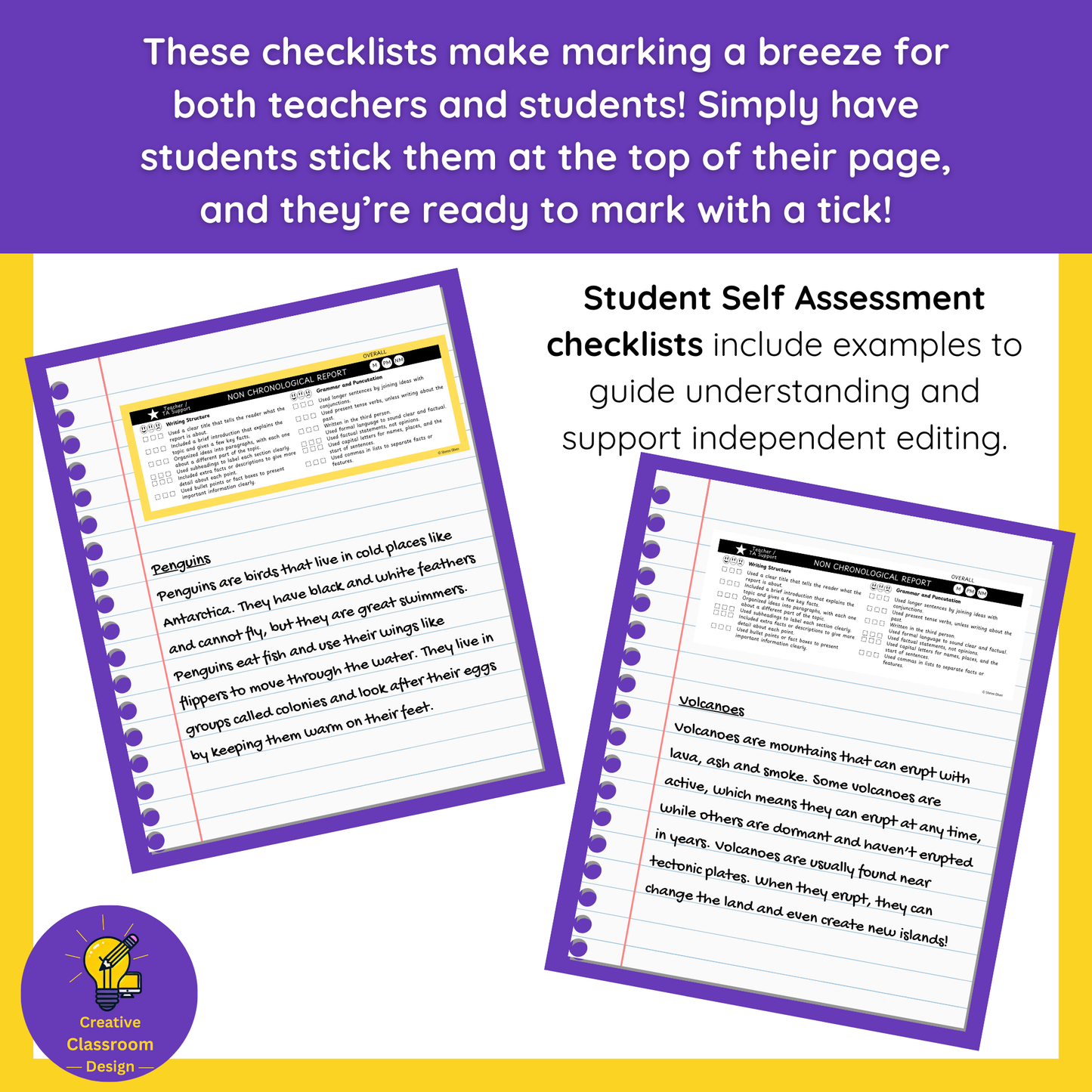 Non Chronological Report Writing Checklist & Student Self Assessment Rubric Grade 3, 4, 5 & 6