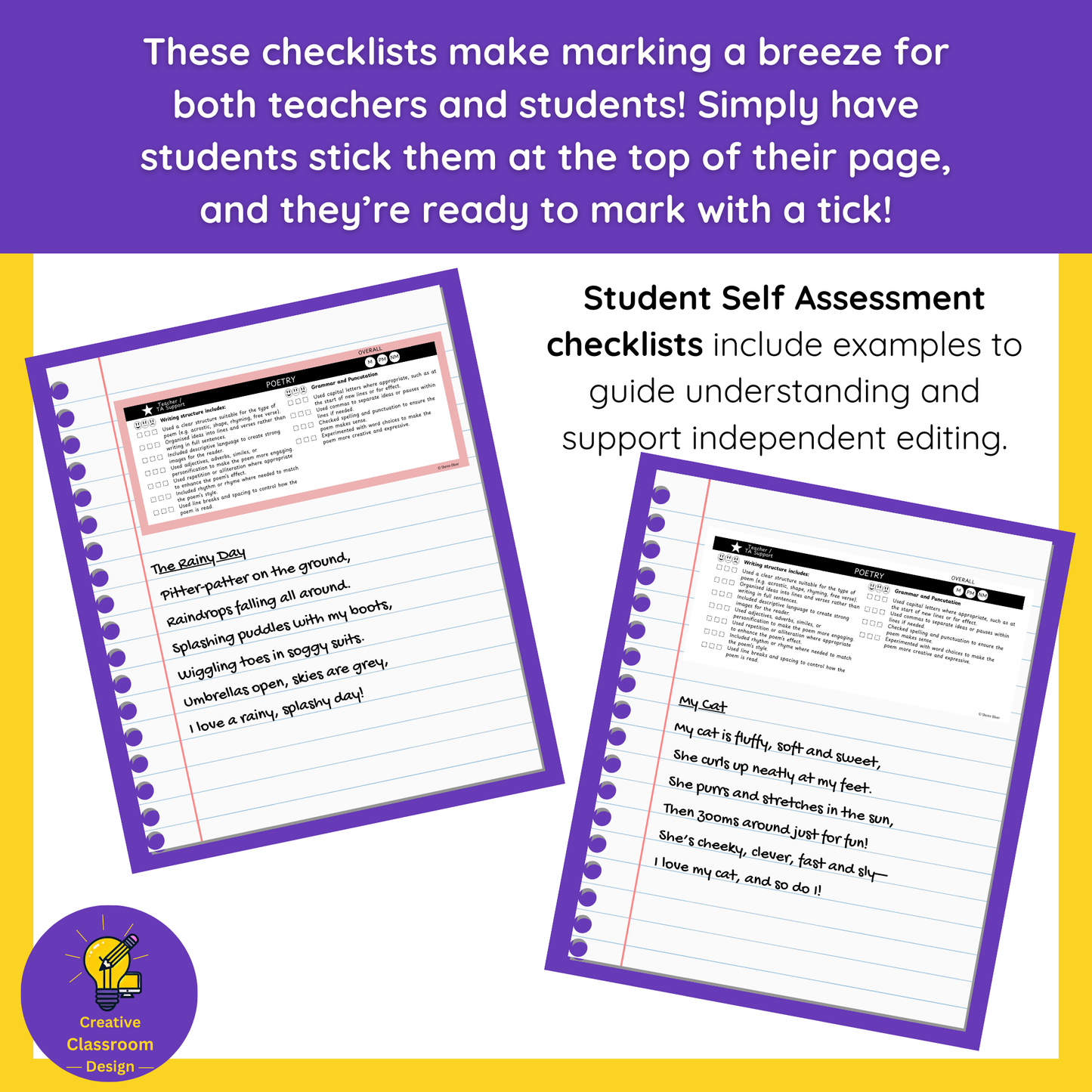 Poetry Writing Checklist & Student Self Assessment Rubric Grade 3, 4, 5 & 6