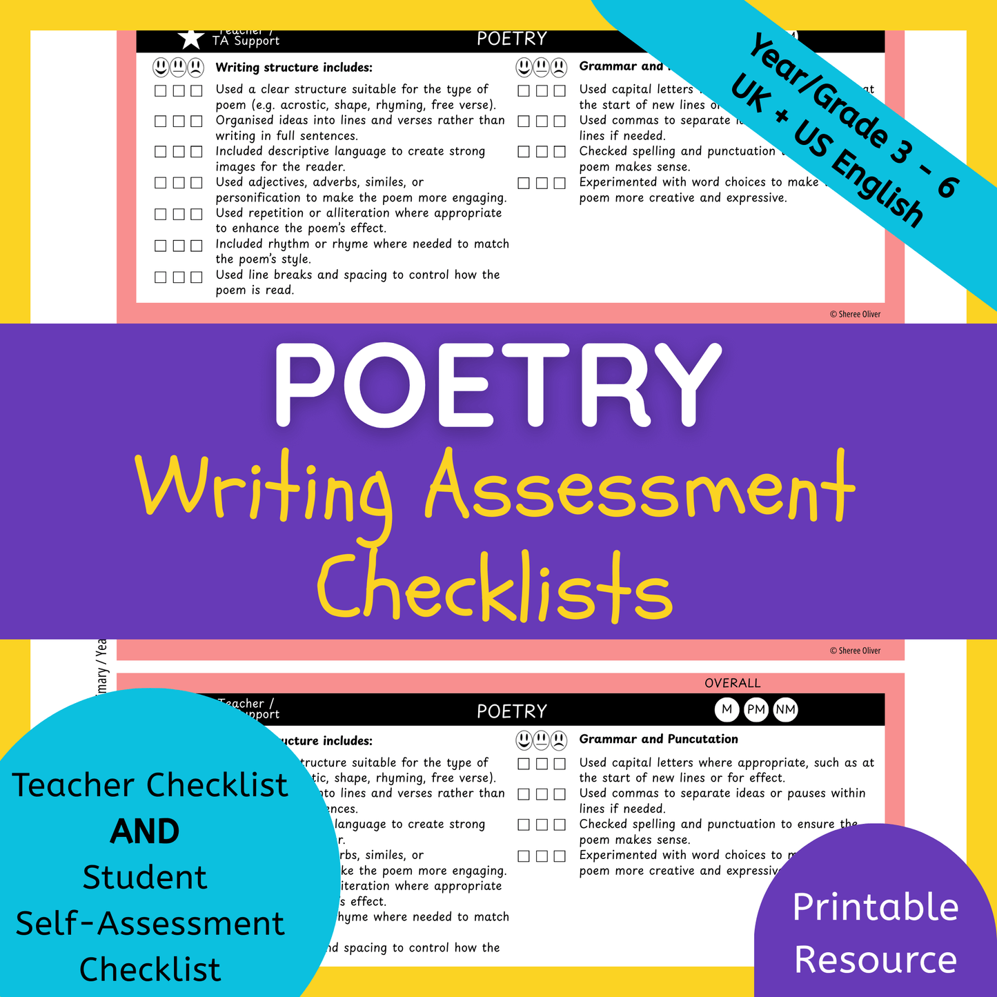 Poetry Writing Checklist & Student Self Assessment Rubric Grade 3, 4, 5 & 6