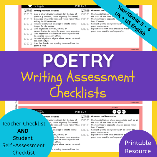 Poetry Writing Checklist & Student Self Assessment Rubric Grade 3, 4, 5 & 6